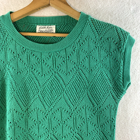 Vintage 80s Womens Sleeveless Cotton Open Knit Top Emerald Green Cottage Preppy - Picture 2 of 10